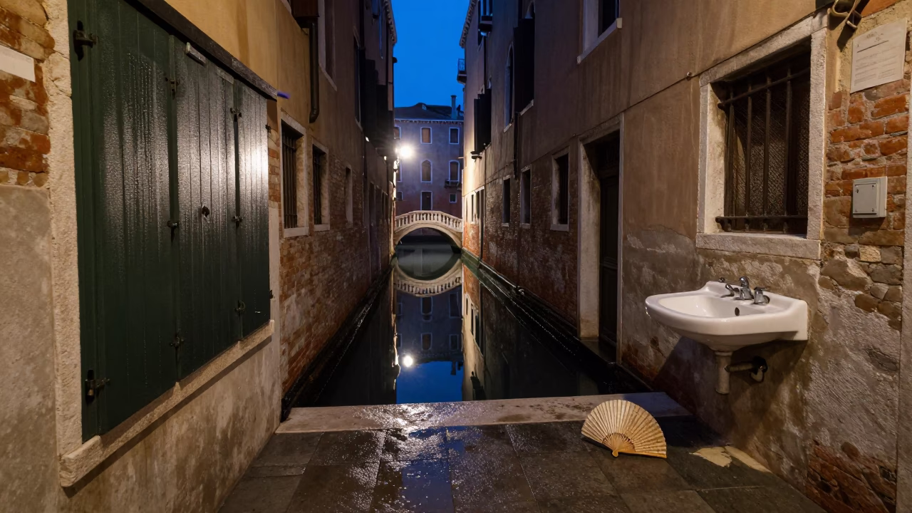 Midnight Venice Canal Reflections with Condensation on Cabinet Door and Paper Fan in in Venice, Italy