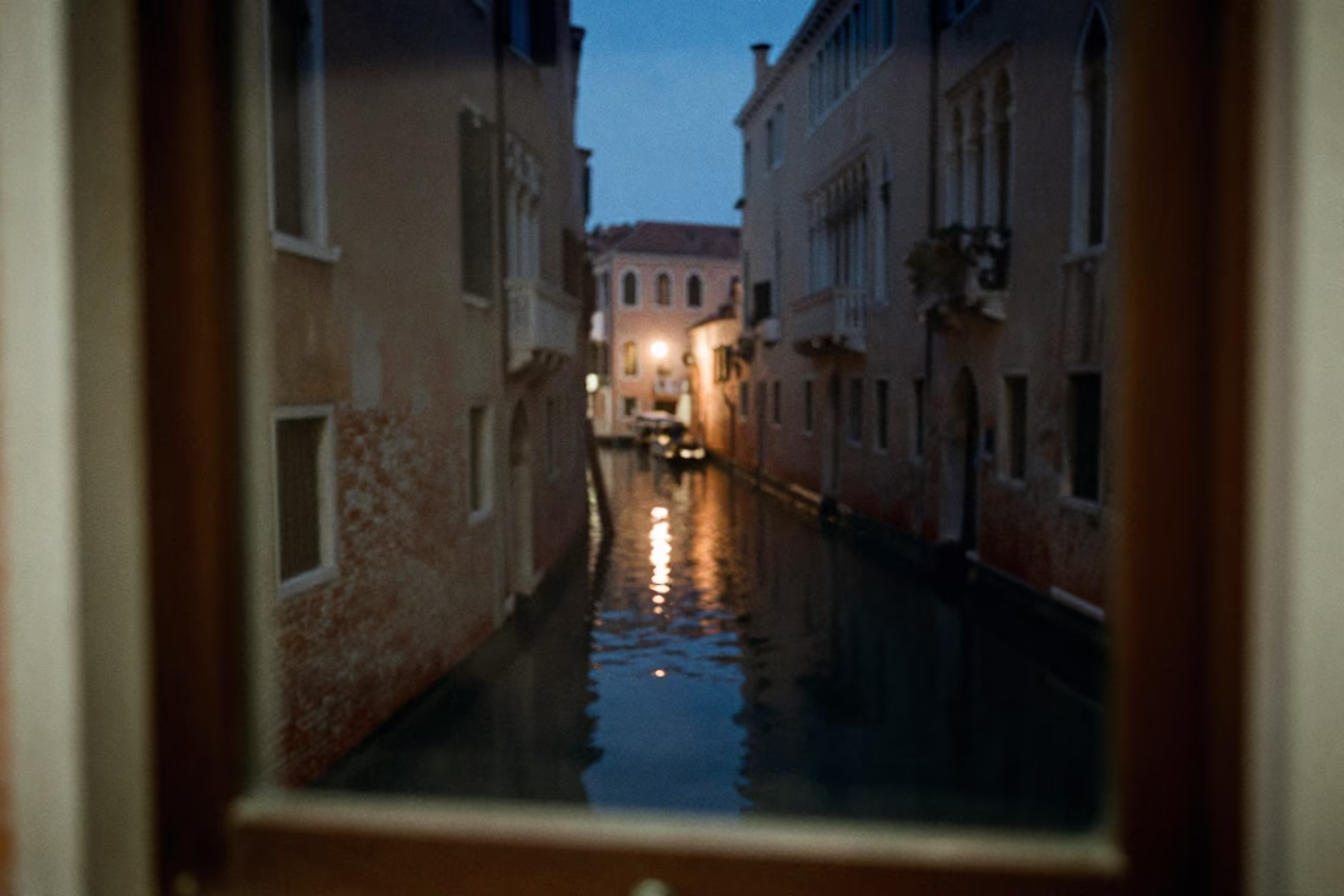 Midnight Venice Canal Reflections with Dusty Window Glass and Brushed Steel Edge in in Venice, Italy