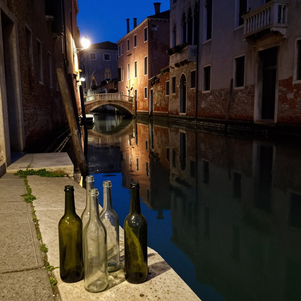 Midnight Venice Canal Reflections with Glass Bottles and Historic Architecture in in Venice, Italy