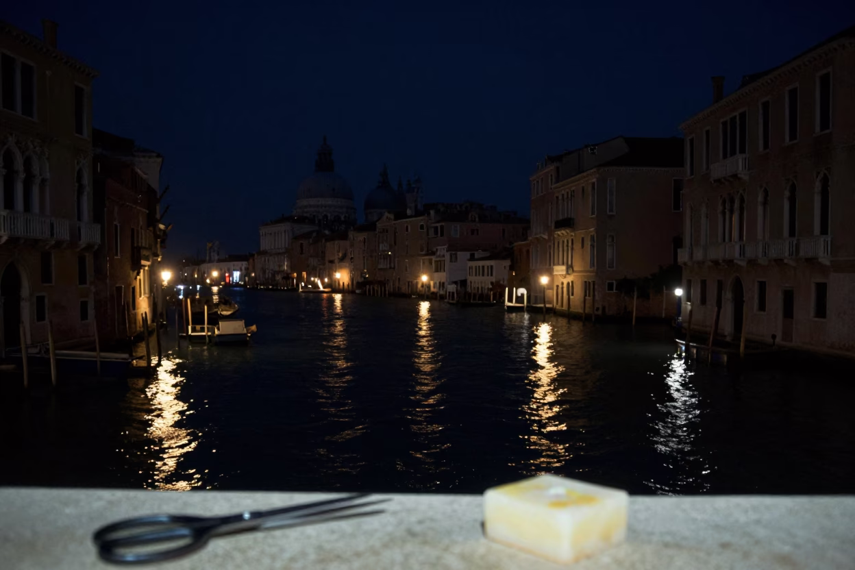 Midnight Venice Canal Reflections with Sewing Scissors and Soap Streaks on Historic Stone in in Venice, Italy