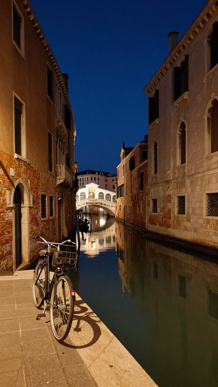 Midnight Venice Canal Scene With Bicycle And Traditional Architecture in in Venice, Italy