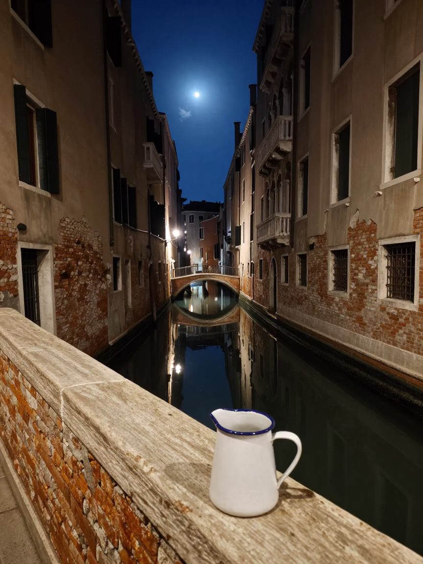 Midnight Venice Canal Scene with Enamel Pitcher on Stone Bridge Railing in in Venice, Italy