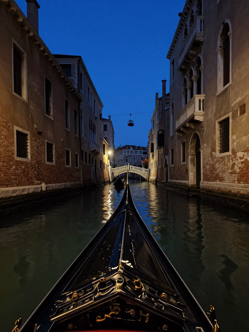 Midnight Venice Canal Scene with Gondola Lift and Scratched Tiles in in Venice, Italy