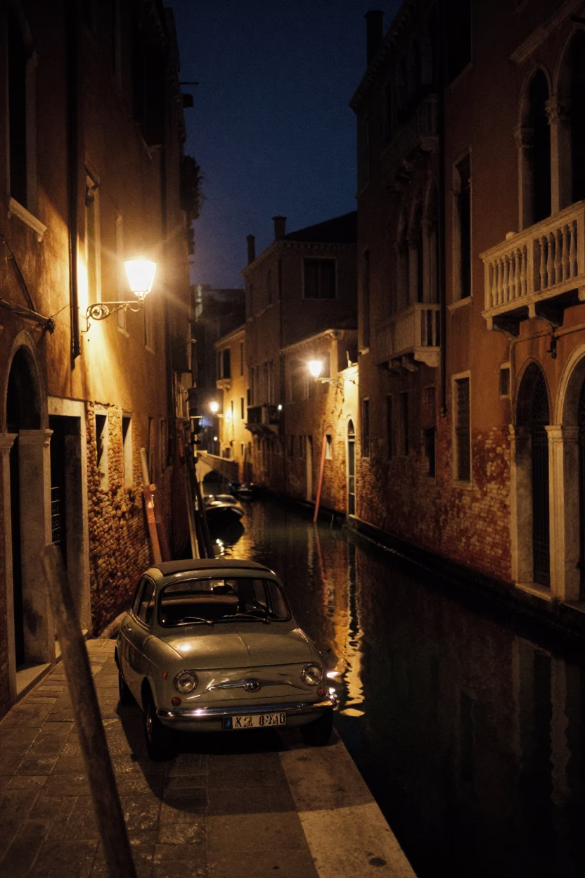Midnight Venice Canal Scene with Vintage Car and Local Street Life in in Venice, Italy
