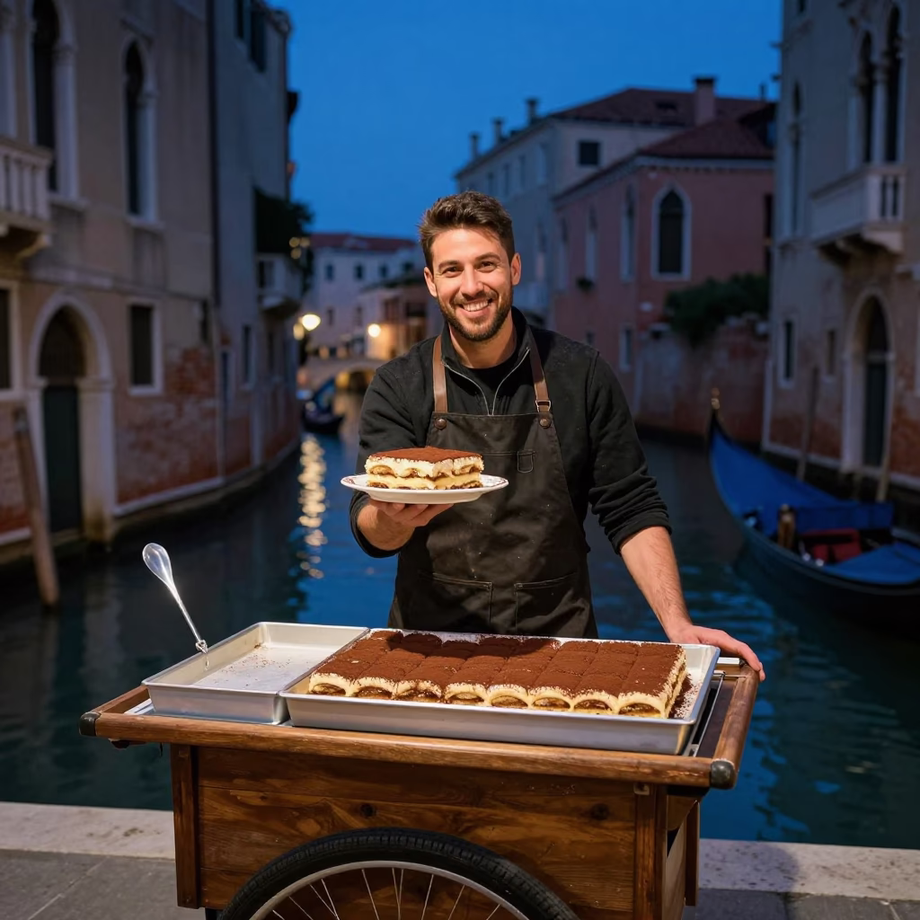 Midnight Venice Canal Street Food Vendor Serving Tiramisu to Laughing Locals in in Venice, Italy