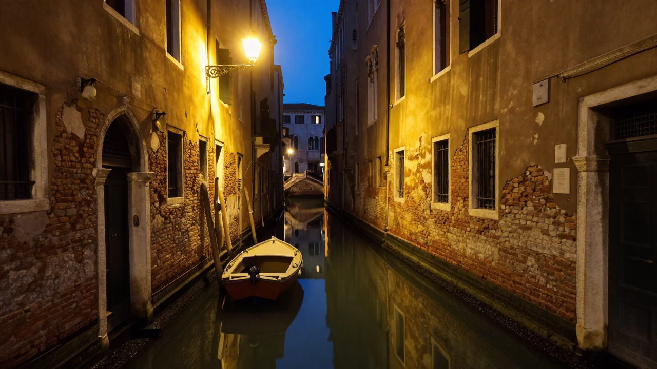 Midnight Venice Canal Street Scene with Local Life and Historic Architecture in in Venice, Italy