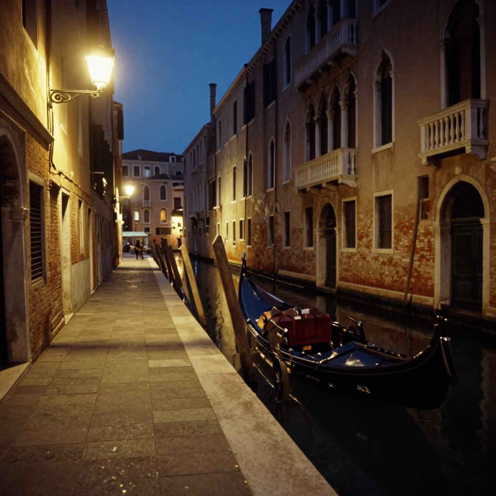Midnight Venice Canal Street Scene with Rolling Carts and Praying Hands in in Venice, Italy
