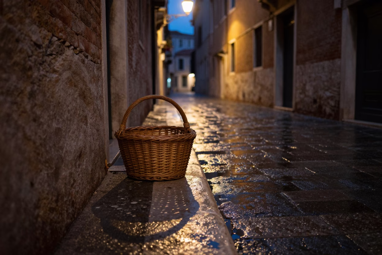 Midnight Venice Canal Street Scene with Wicker Basket Shadow on Stone and Water Reflections in in Venice, Italy