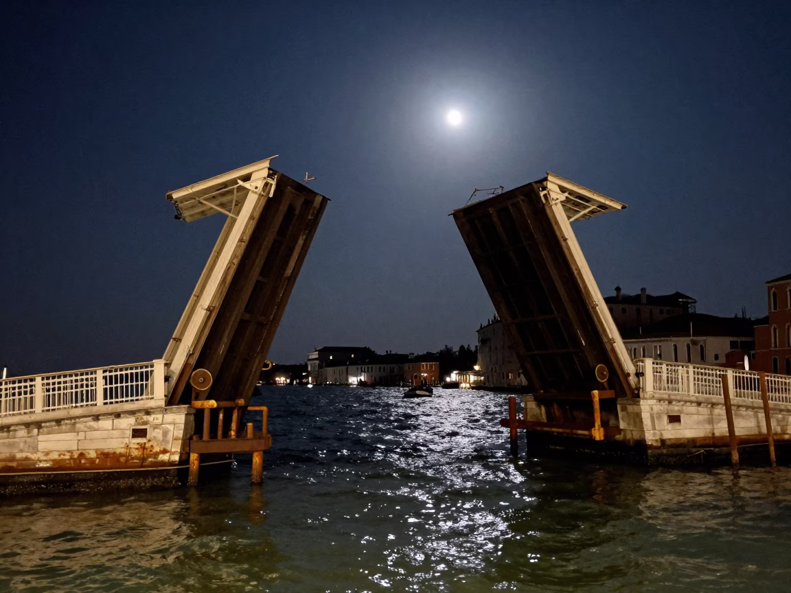 Midnight Venice Drawbridge Bascule Span Paused Against Moonlit Sky with Ferry Ramp in in Venice, Italy