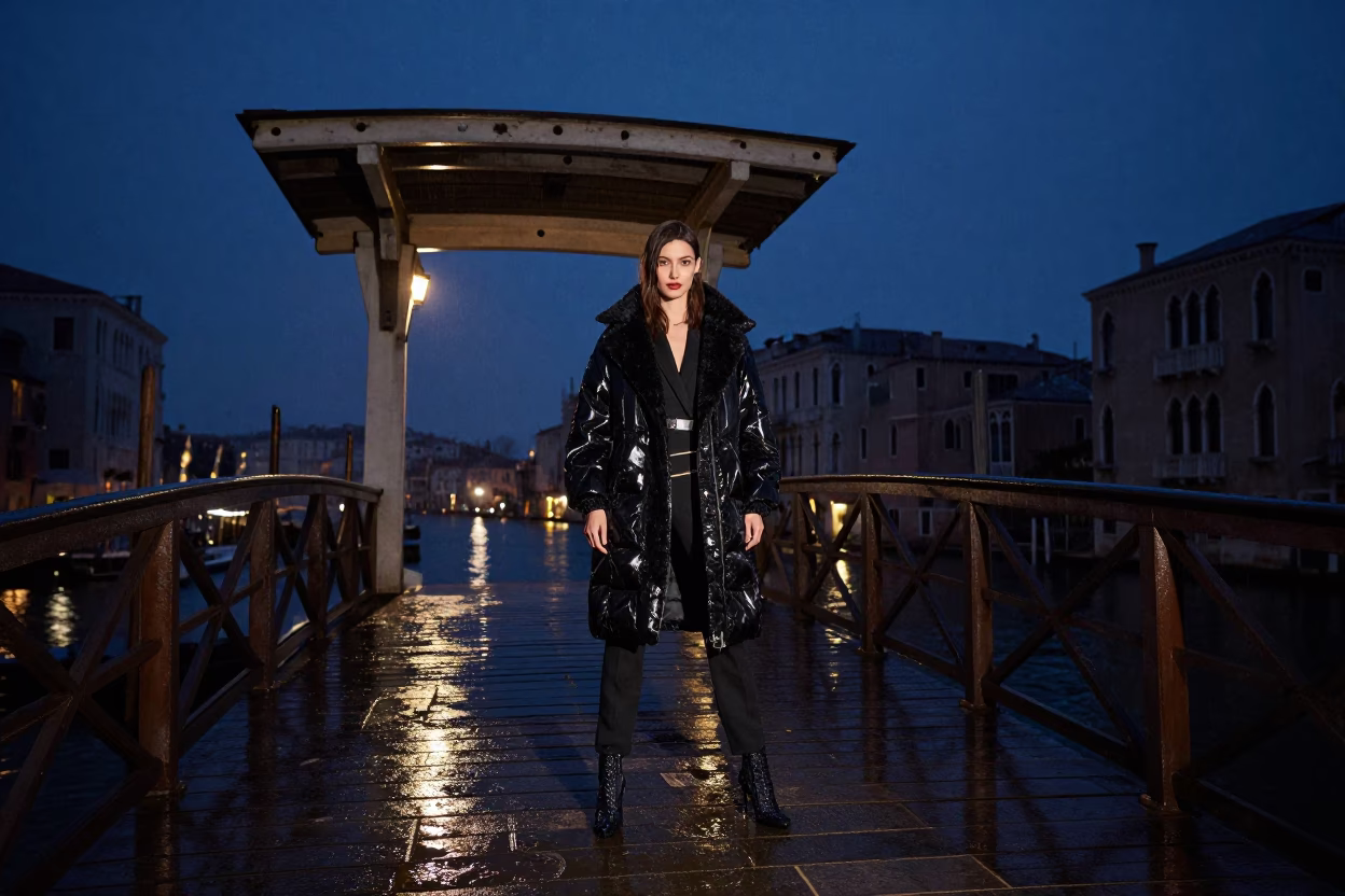 Midnight Venice Italy High Fashion Portrait on Drawbridge with Rain and River Light Reflections in in Venice, Italy