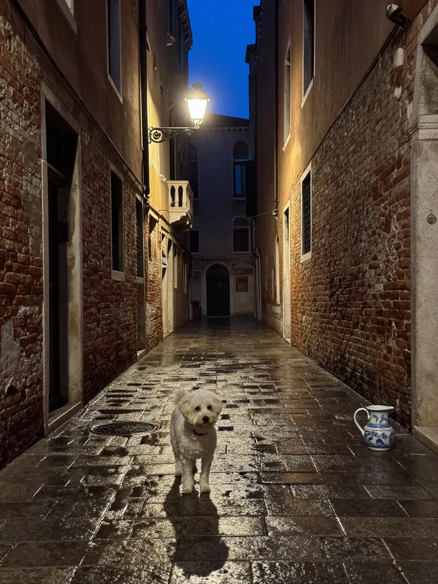 Midnight Venice Street Scene with Dog and Ceramic Pitcher Near Water in in Venice, Italy