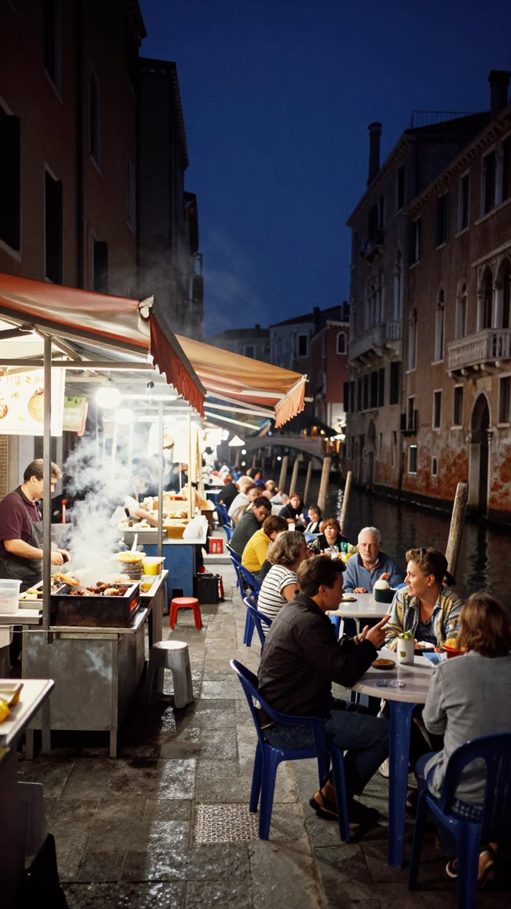 Midnight Venice Street Scene with Night Market Food Court and Local Diners in in Venice, Italy