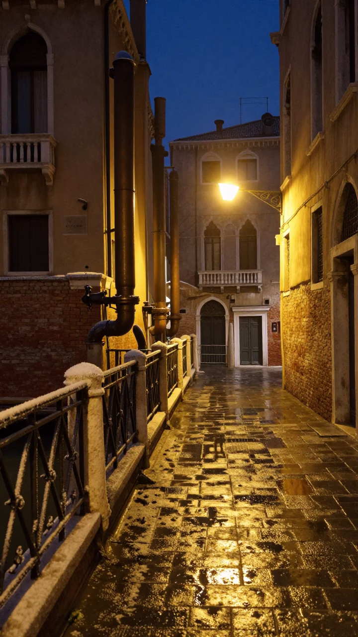 Midnight Venice Street Scene with Steam Pipes and Frosty Canal Edge in in Venice, Italy