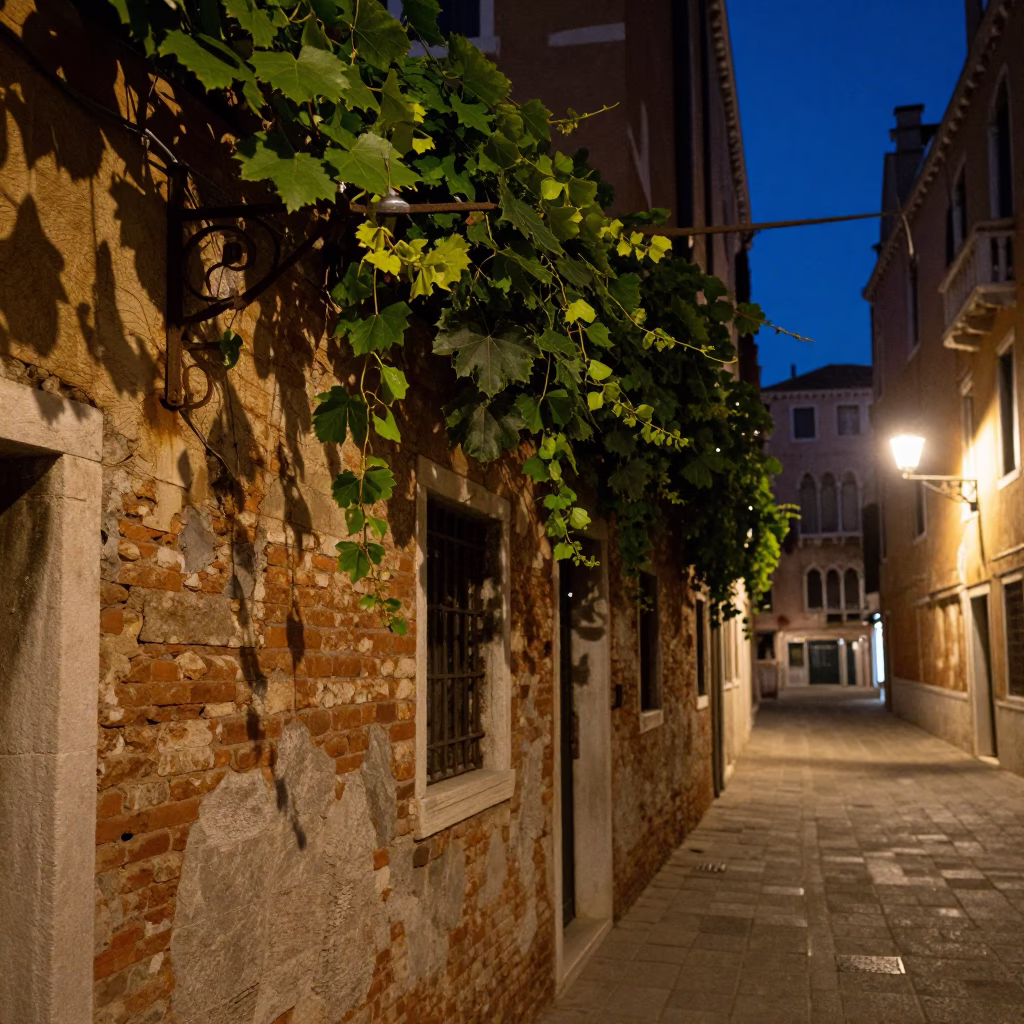 Midnight Venice Street Scene with Vine and Goblet in 1980s Photography Style in in Venice, Italy