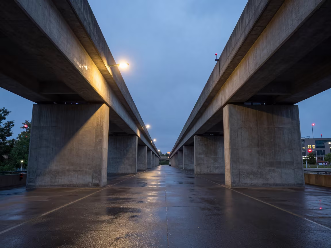 Midnight Viaduct Parapet Warm Light Calgary in along a bridge maintenance walkway near Calgary