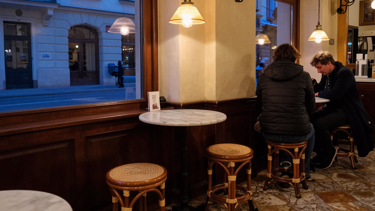 Midnight Vienna Cafe Interior with Vintage Rattan Stool and Affogato Dessert in in Vienna, Austria