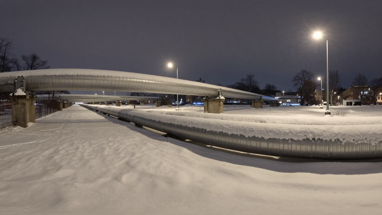 Midnight Vienna District Heating Pipe Corridor Snow Covered Ground Realistic Photograph in in Vienna, Austria