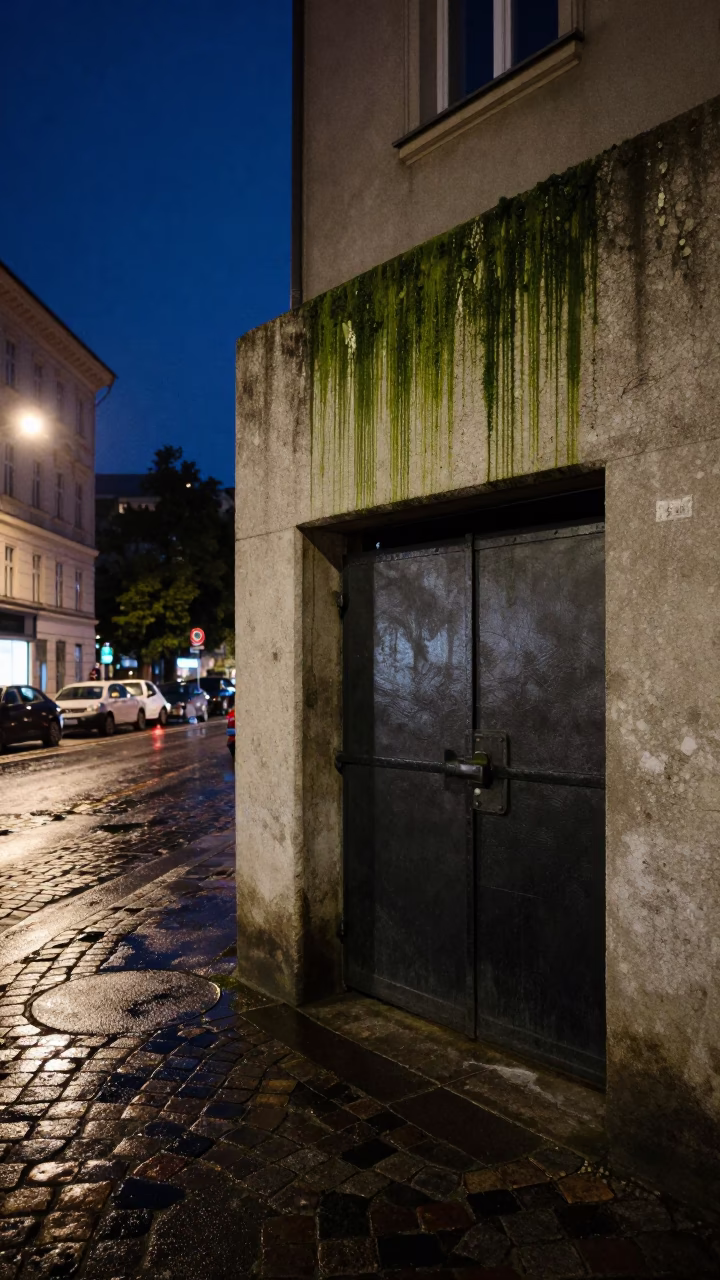 Midnight Vienna Street Scene with Algae Streaked Concrete Floodgate Chamber Walls in in Vienna, Austria