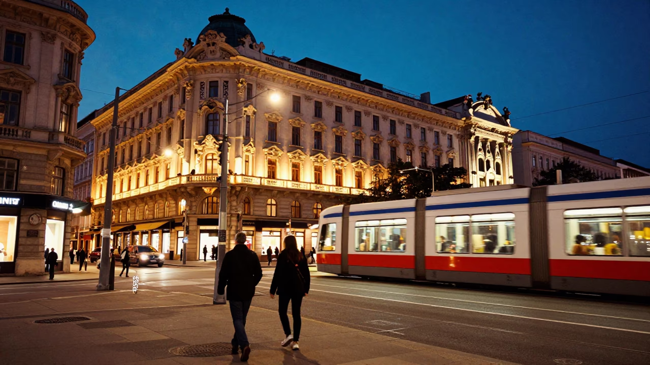 Midnight Vienna Street Scene with Art Nouveau Facades and Passing Tram in in Vienna, Austria