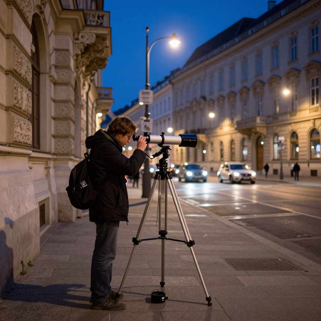 Midnight Vienna Street Scene with Astronomer and Telescope Near Historic Architecture in in Vienna, Austria