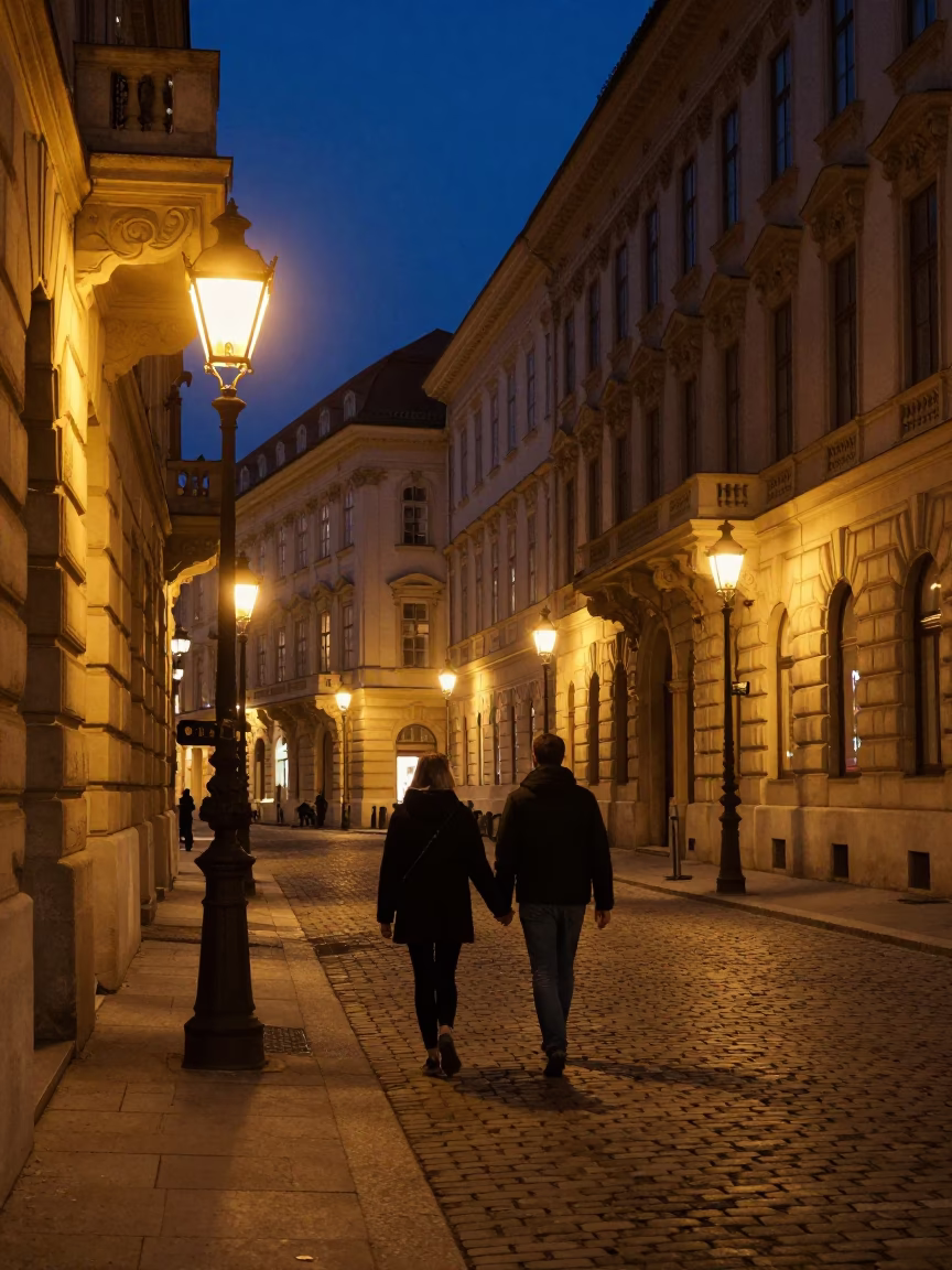 Midnight Vienna Street Scene with Couple Walking Hand in Hand Near Historic Architecture in in Vienna, Austria