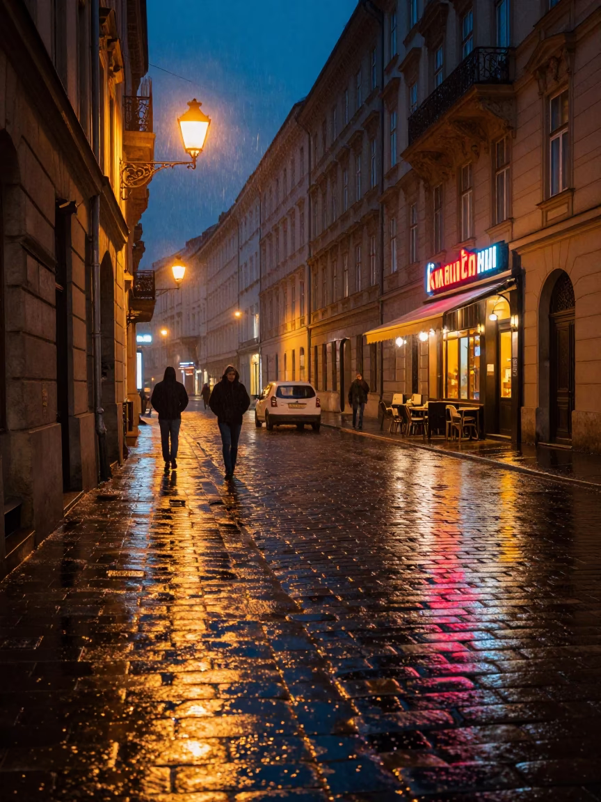 Midnight Vienna Street Scene with Flour Dust on Stone and Wicker Basket in in Vienna, Austria