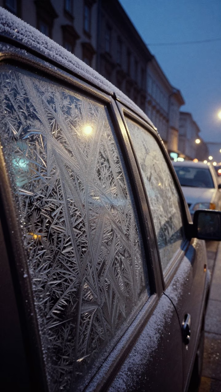 Midnight Vienna Street Scene with Frost on Car Window and Observatory Dome in in Vienna, Austria