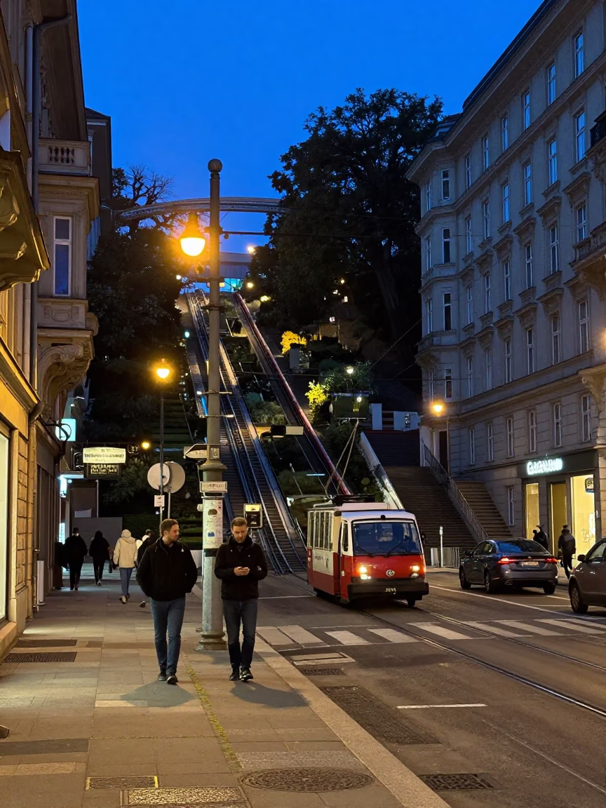 Midnight Vienna Street Scene with Funicular Railway and Urban Night Life in in Vienna, Austria