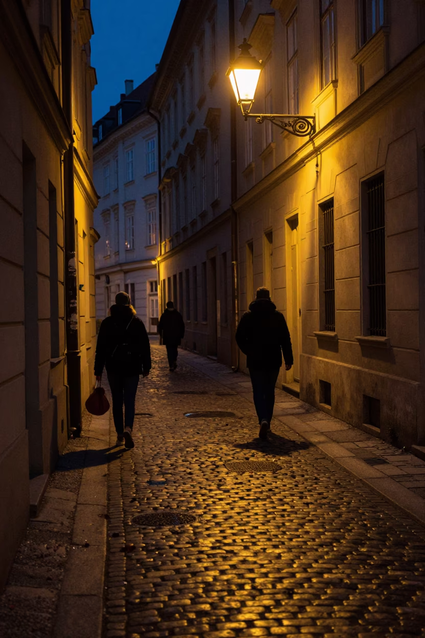 Midnight Vienna Street Scene with Pomegranate and Tea Stains in in Vienna, Austria