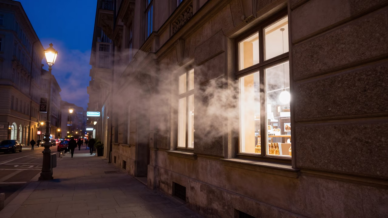 Midnight Vienna Street Scene with Steam Clouding Window and Hydrangeas in in Vienna, Austria
