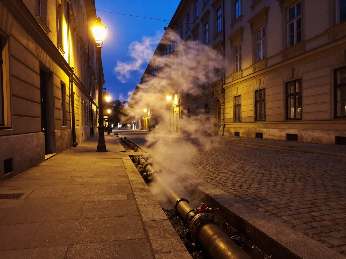 Midnight Vienna Street Scene with Steaming District Heating Pipes and Autumn Leaves in Austria in in Vienna, Austria