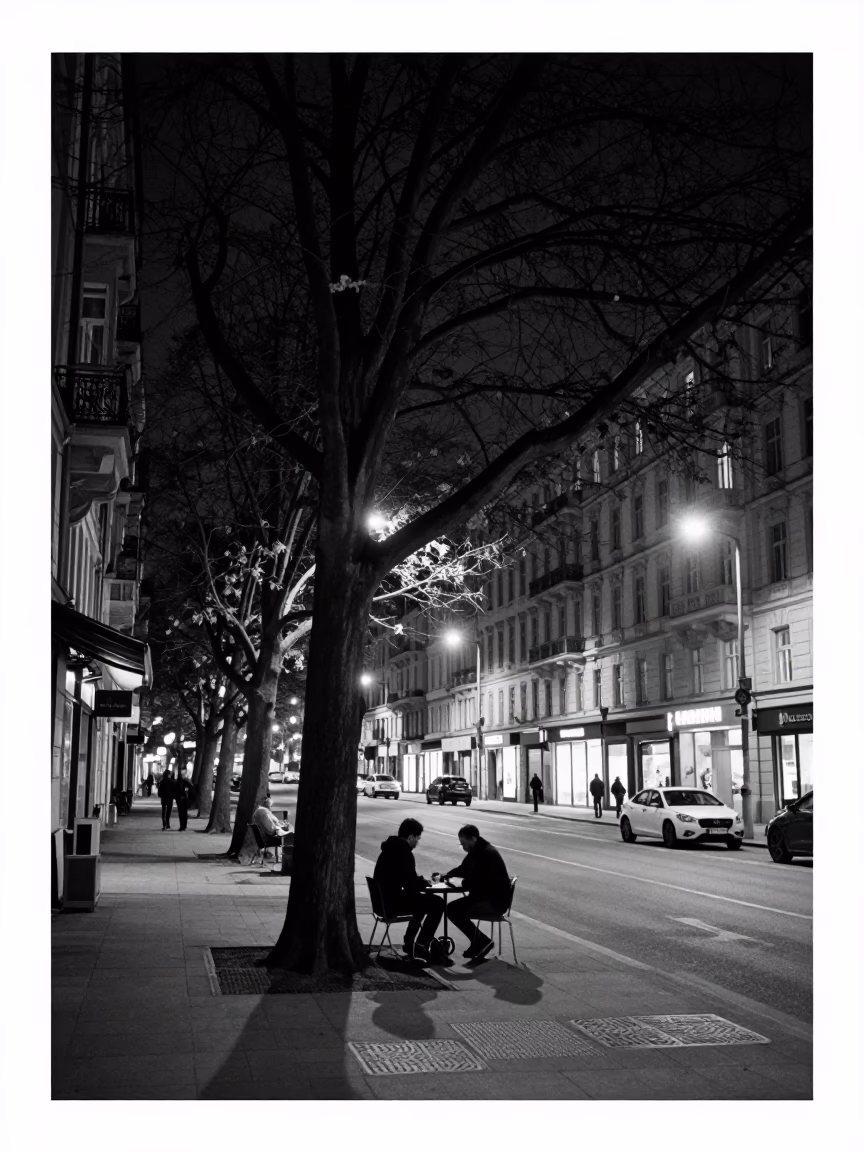 Midnight Vienna Street Scene with Tree and Local Interaction in in Vienna, Austria