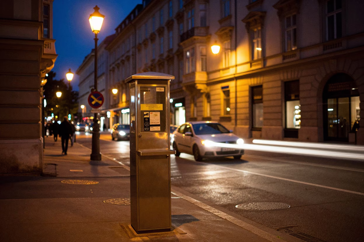 Midnight Vienna Street Scene with Valet Stand and Headlight Streaks Under Hotel Awning in in Vienna, Austria