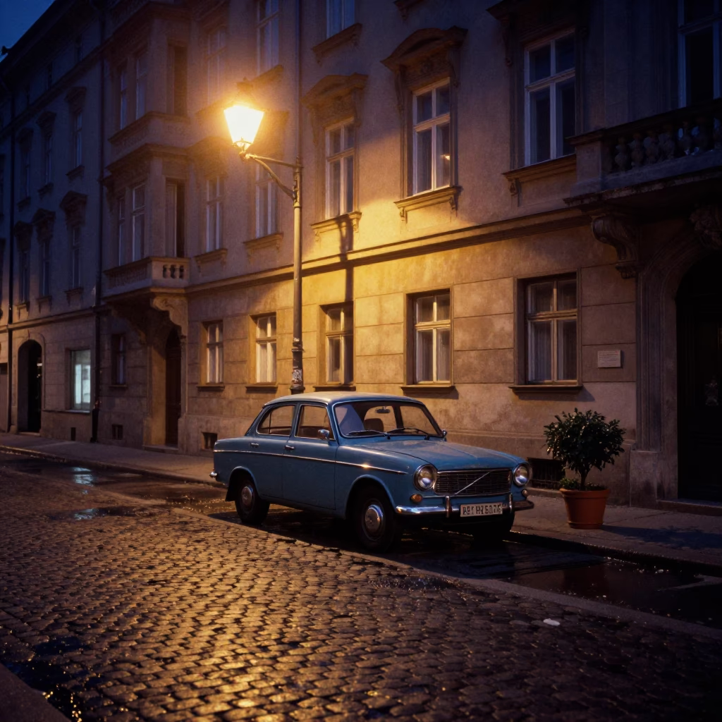 Midnight Vienna Street Scene with Vintage Car and Potted Succulents in Austria in in Vienna, Austria