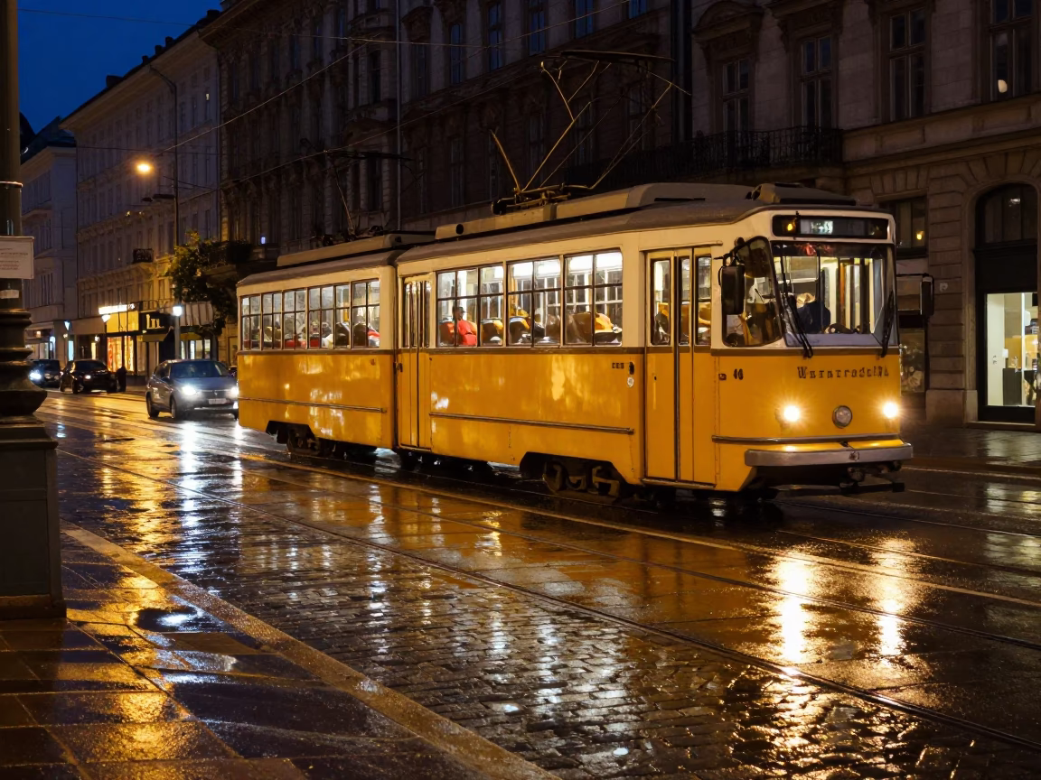 Midnight Vienna Street Scene with Vintage Tram and Wet Cobblestones in in Vienna, Austria