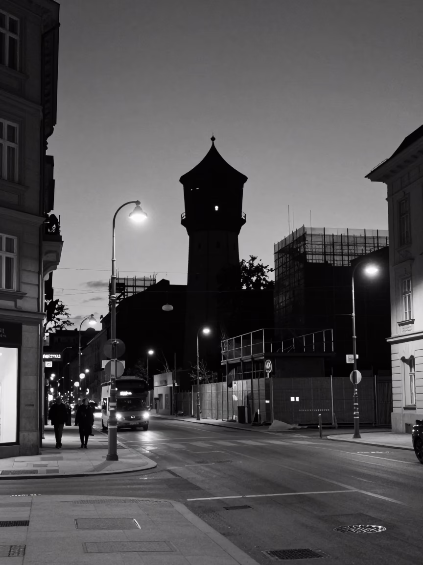Midnight Vienna Street Scene with Water Tower and Construction Pile Driver in in Vienna, Austria
