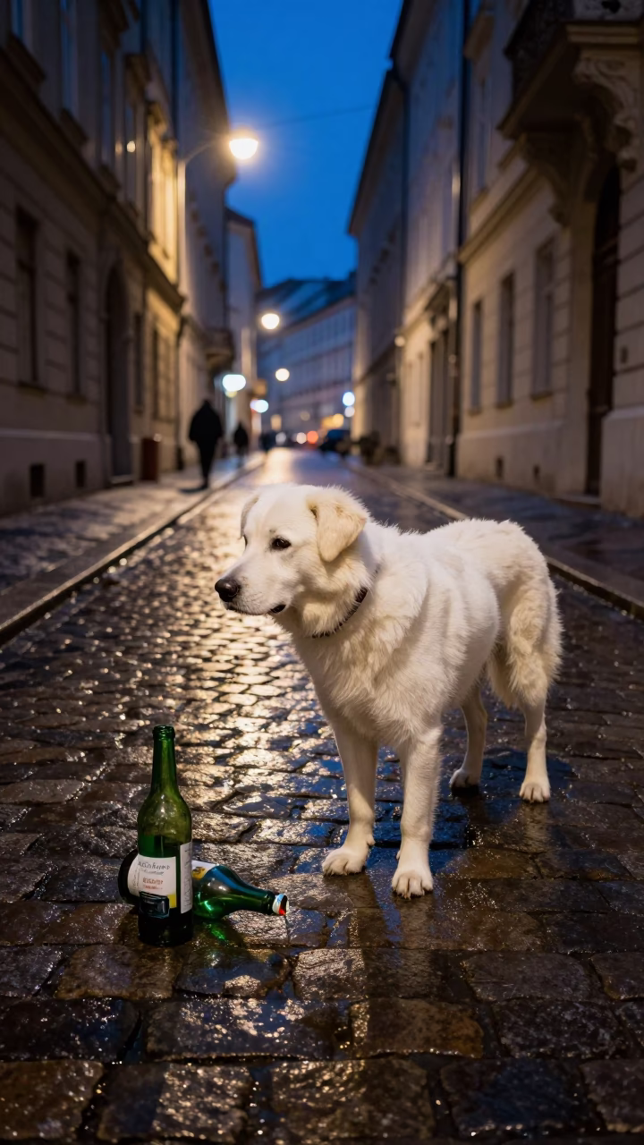 Midnight Vienna Street Scene with White Dog and Bottle on Cobblestone in in Vienna, Austria