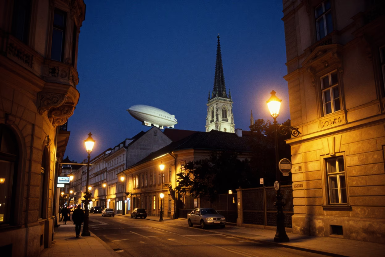 Midnight Vienna Street Scene with Zeppelin Airship Over City Skyline in in Vienna, Austria
