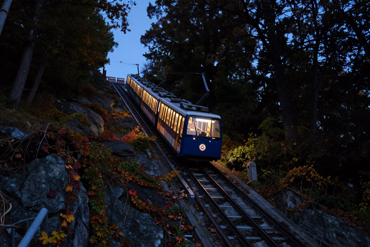 Midnight View of Bergen Norway Funicular Ascending Hillside Covered in Autumn Vines Under Streetlights in in Bergen, Norway