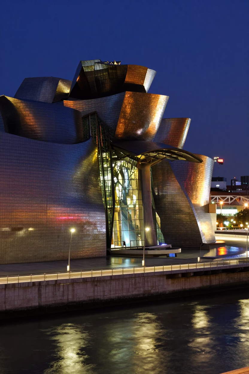 Midnight View of Bilbao Spain Guggenheim Museum Glass Facade and Nervion River Reflections in in Bilbao, Spain
