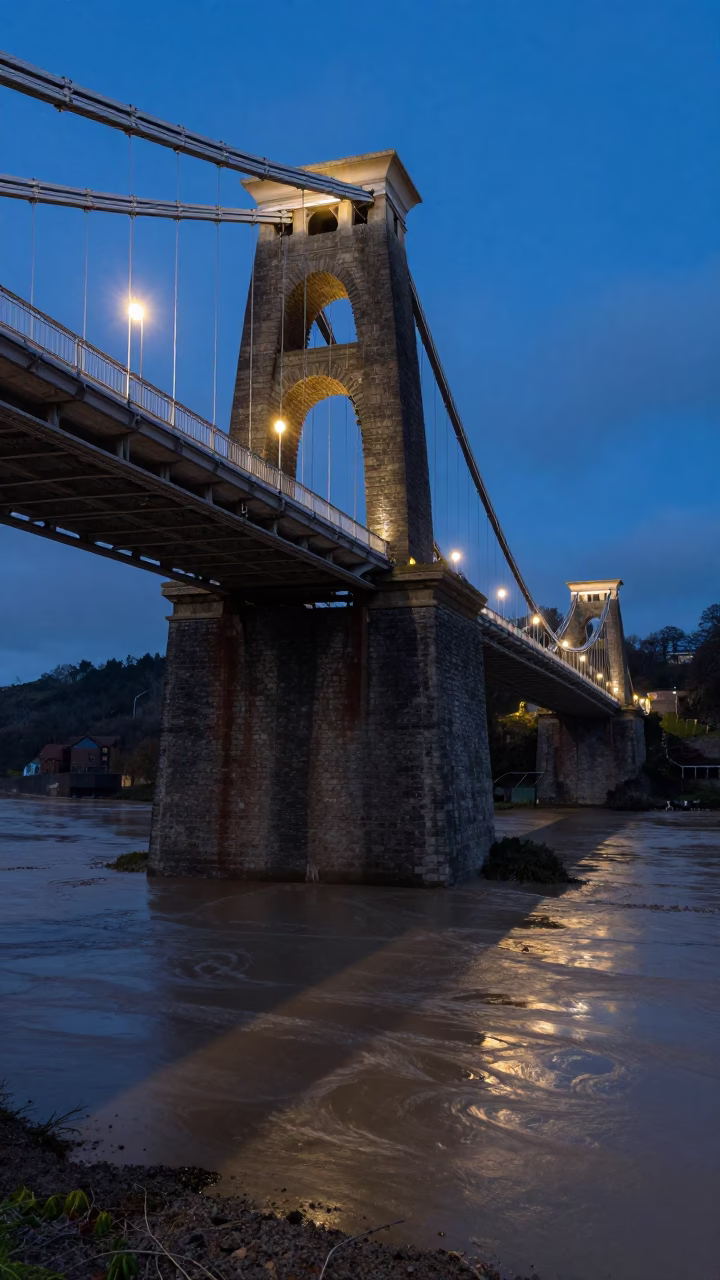 Midnight View of Bristol Suspension Bridge Base with Muddy Floodwater and Urban Infrastructure in in Bristol, United Kingdom