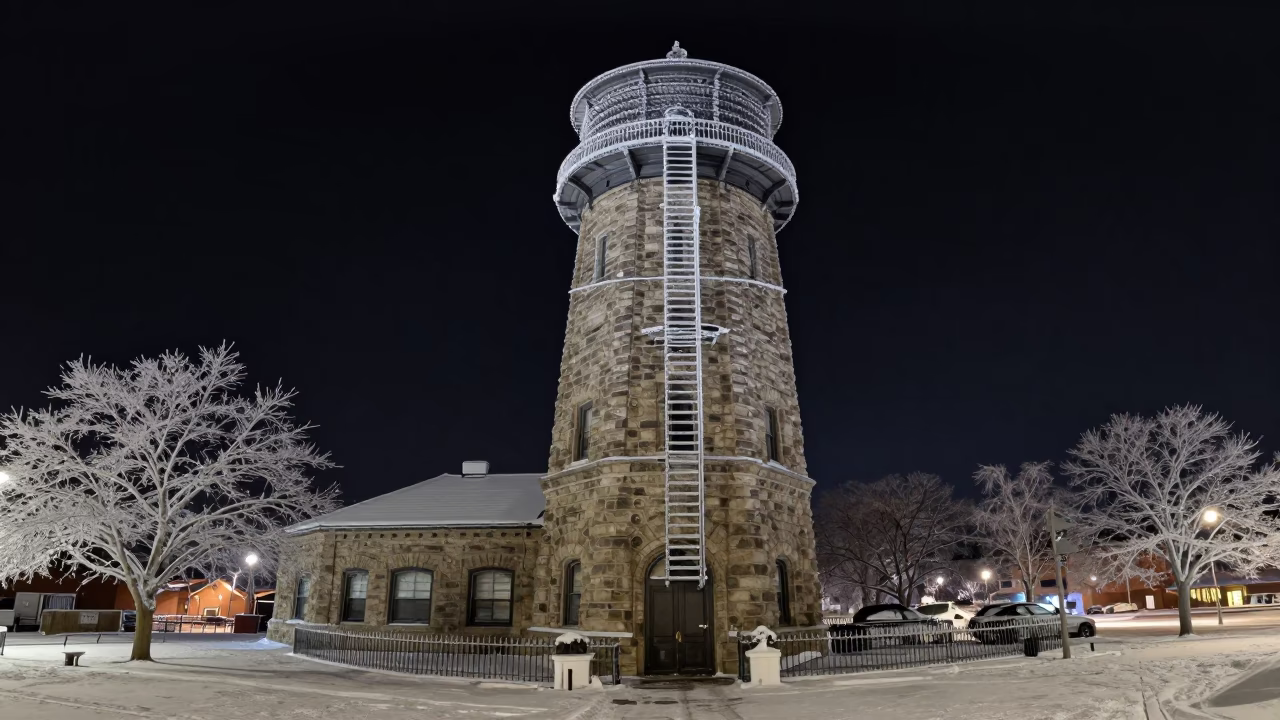 Midnight View of Chicago Water Tower Rimed with Winter Frost in Illinois in in Chicago, Illinois, United States