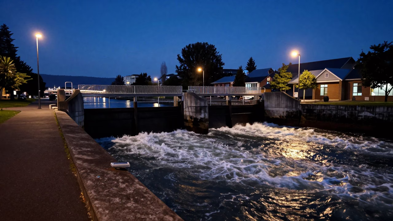 Midnight View of Christchurch River Avon Sluice Gate and Teal Water Foam in in Christchurch, New Zealand