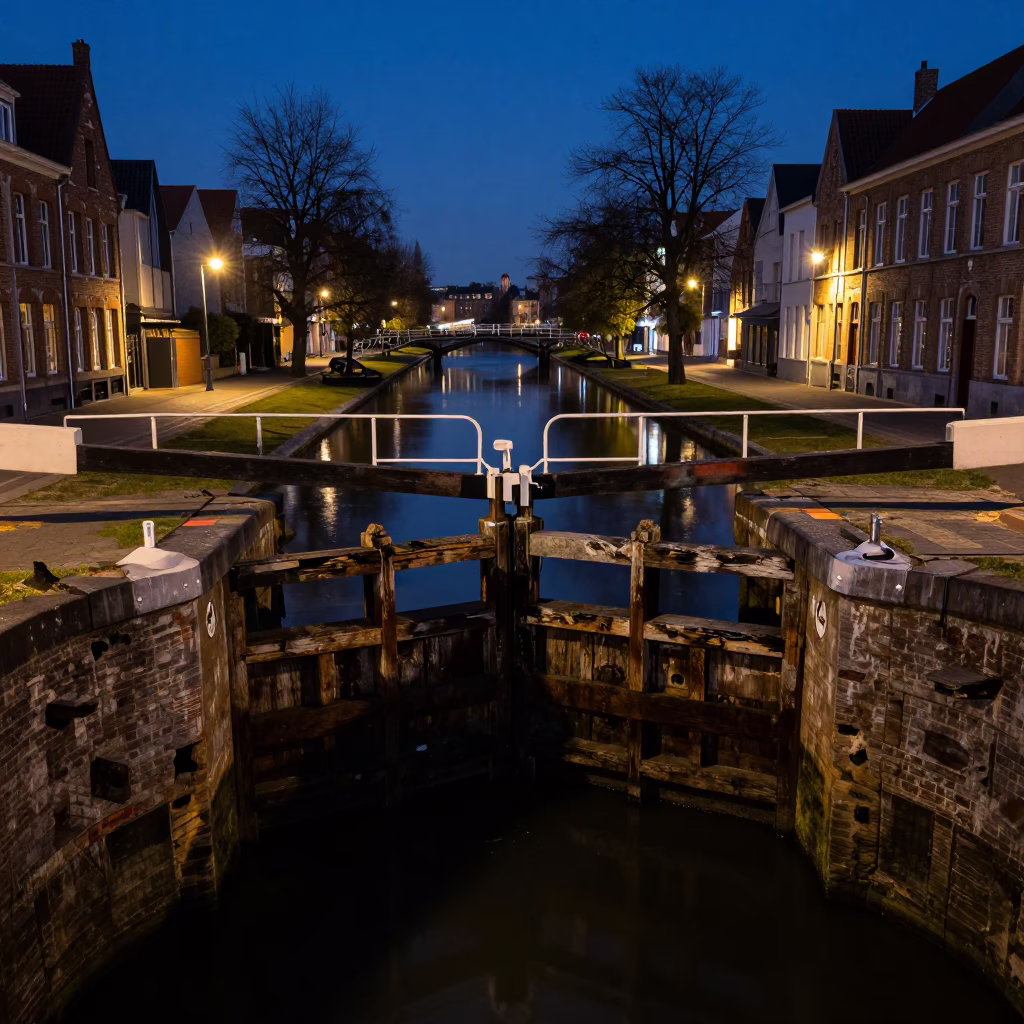 Midnight View of Crumbling Canal Lock and Rotten Timber Gates in Brussels Belgium in in Brussels, Belgium
