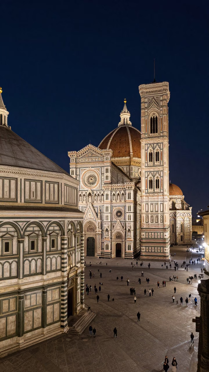 Midnight view of Florence Italy Duomo and pedestrian overpass with wet footsteps in in Florence, Italy