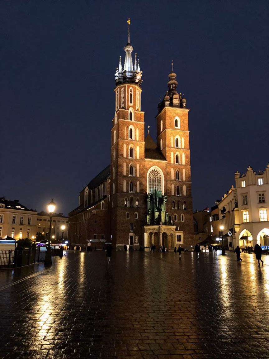 Midnight View of Gothic Spires and Wet Cobblestones in Krakow Poland in in Krakow, Poland