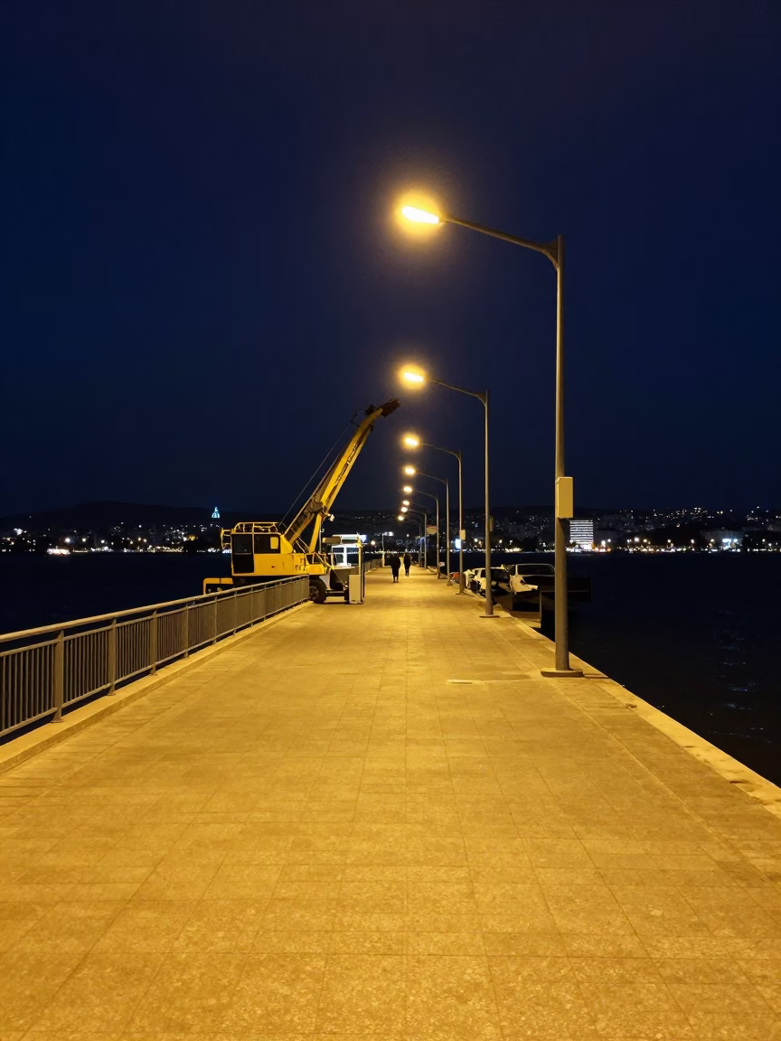 Midnight view of Izmir Kordon promenade with bridge maintenance cradle and city lights in in Izmir, Turkey