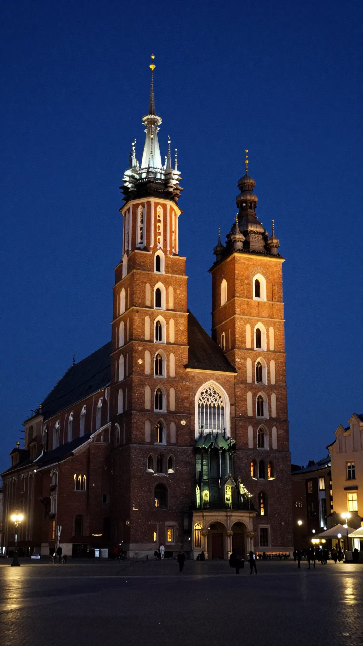 Midnight View of Krakow Old Town Market Square with Vintage Bicycle and Cobblestone Architecture in in Krakow, Poland