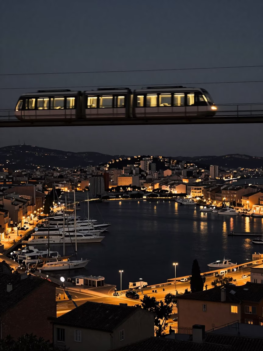 Midnight View of Marseille Vieux Port and Monorail Over Water in in Marseille, France