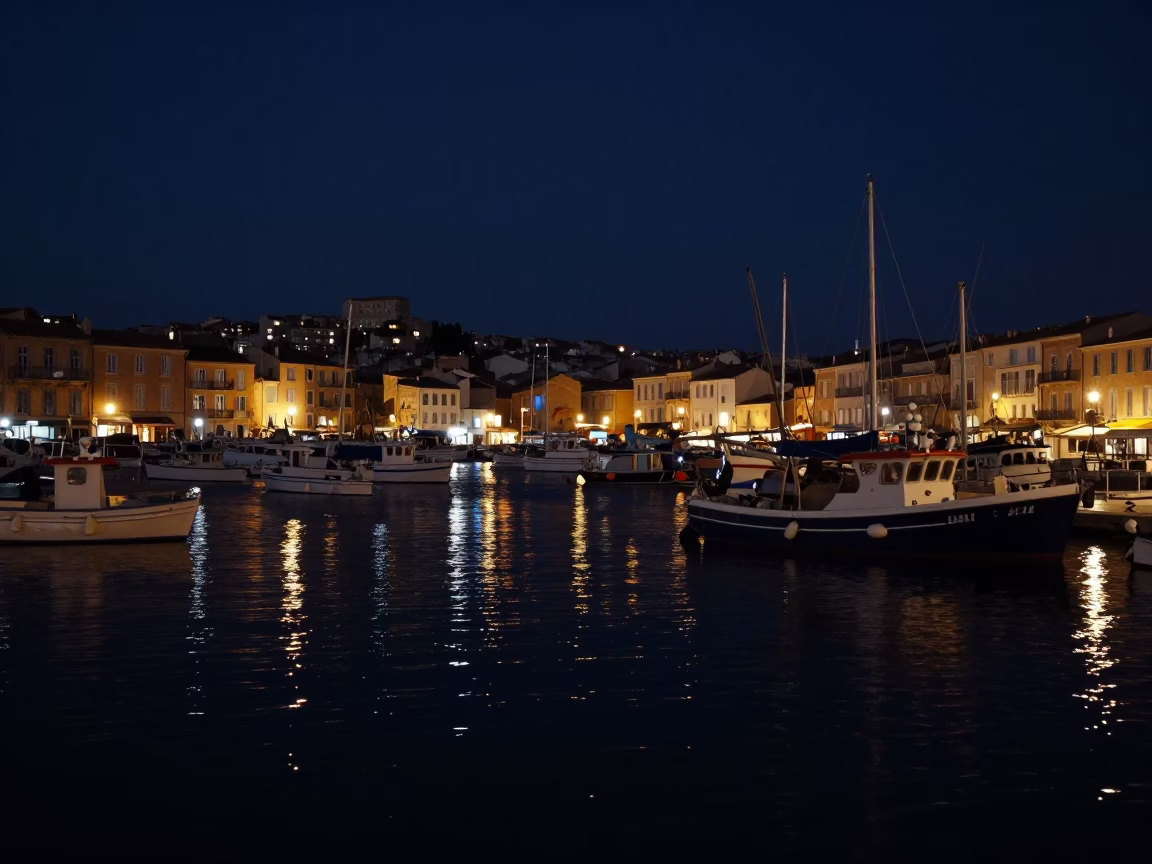 Midnight View of Marseille Vieux Port with Fishing Boats and Metal Buoys in in Marseille, France